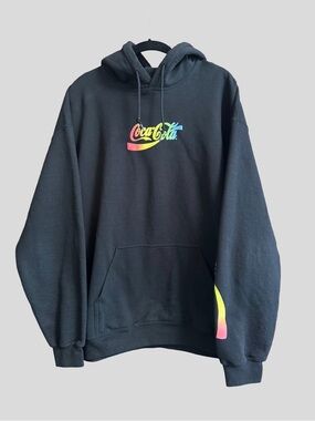 Coca Cola Puff Print Black Hoodie with Rainbow Logo